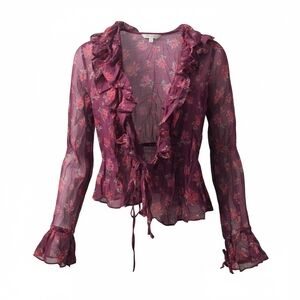 Sheer Ruffle-Trim Floral Blouse - Wine